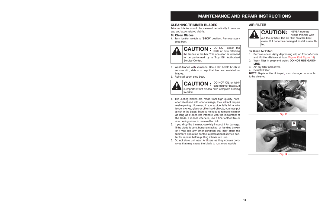 Troy-Bilt tb25ght operating instructions Cleaning Trimmer Blades, AIR Filter 