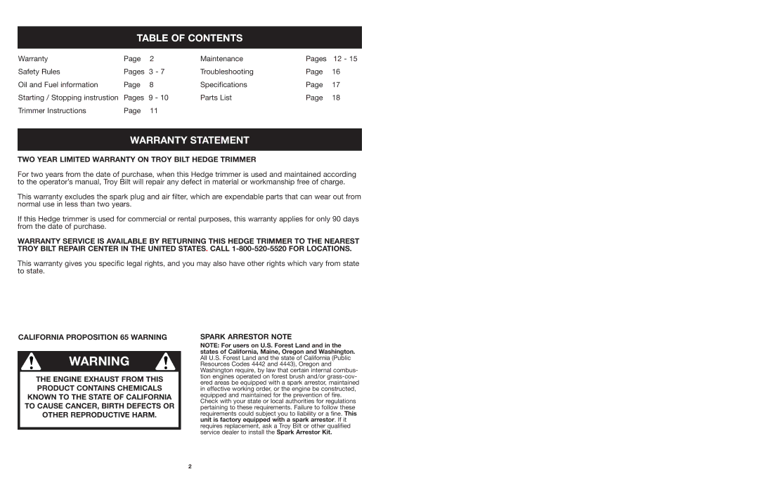 Troy-Bilt tb25ght operating instructions Table of Contents, Warranty Statement 