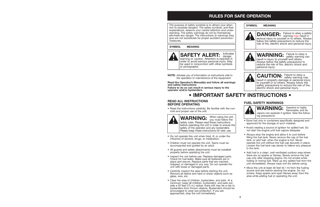 Troy-Bilt tb25ght Rules for Safe Operation, Read ALL Instructions Before Operating, Fuel Safety Warnings 