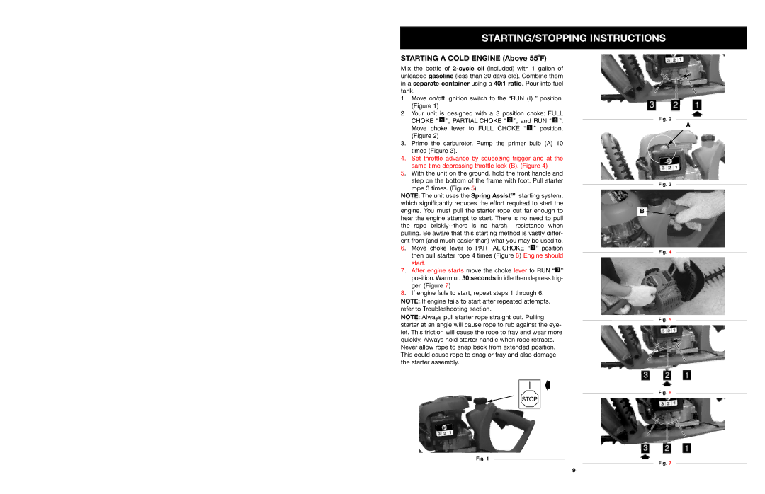 Troy-Bilt tb25ght operating instructions STARTING/STOPPING Instructions, Starting a Cold Engine Above 55˚F 