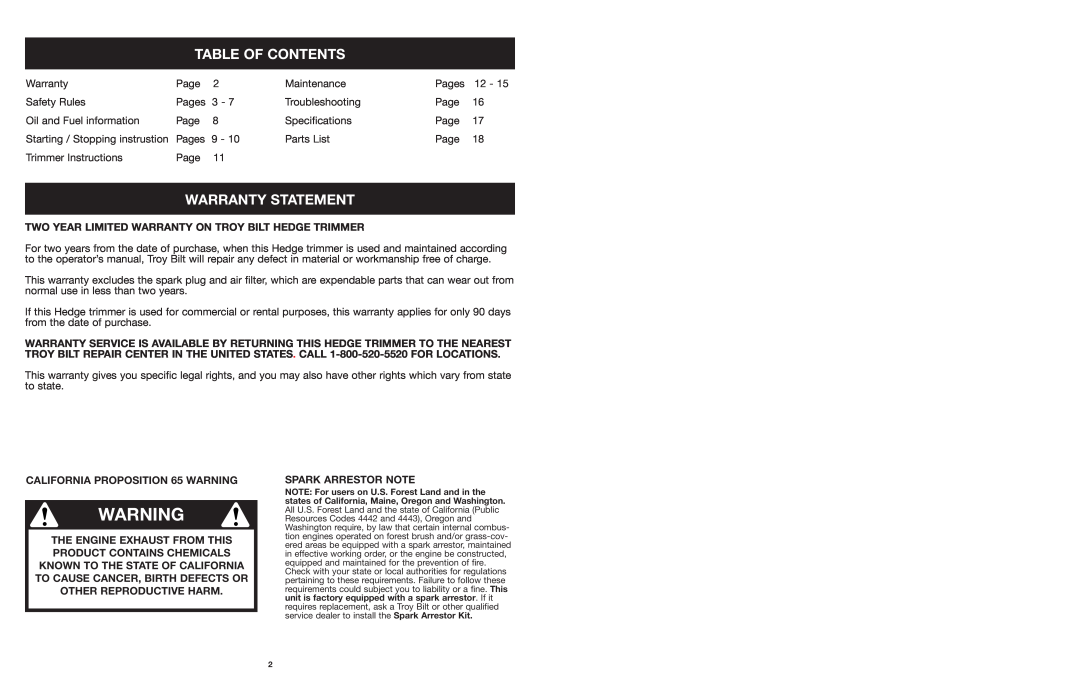 Troy-Bilt tb25ght Table Of Contents, Warranty Statement, Two Year Limited Warranty On Troy Bilt Hedge Trimmer 