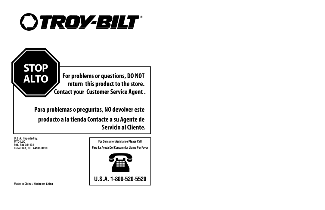 Troy-Bilt tb25ght For Consumer Assistance Please Call, Stop Alto, Contact your Customer Service Agent, U.S.A 