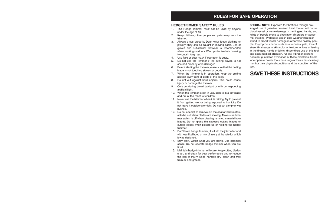 Troy-Bilt tb25ght operating instructions Hedge Trimmer Safety Rules, Save These Instructions, Rules For Safe Operation 