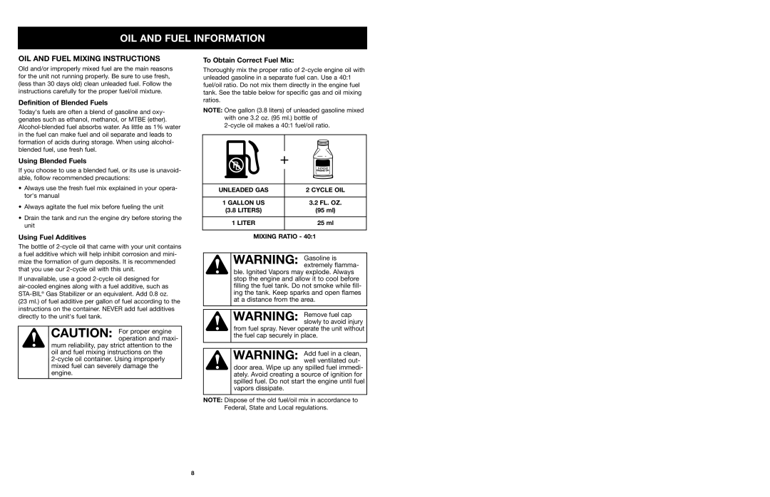 Troy-Bilt tb25ght operating instructions Oil And Fuel Information, Oil And Fuel Mixing Instructions 