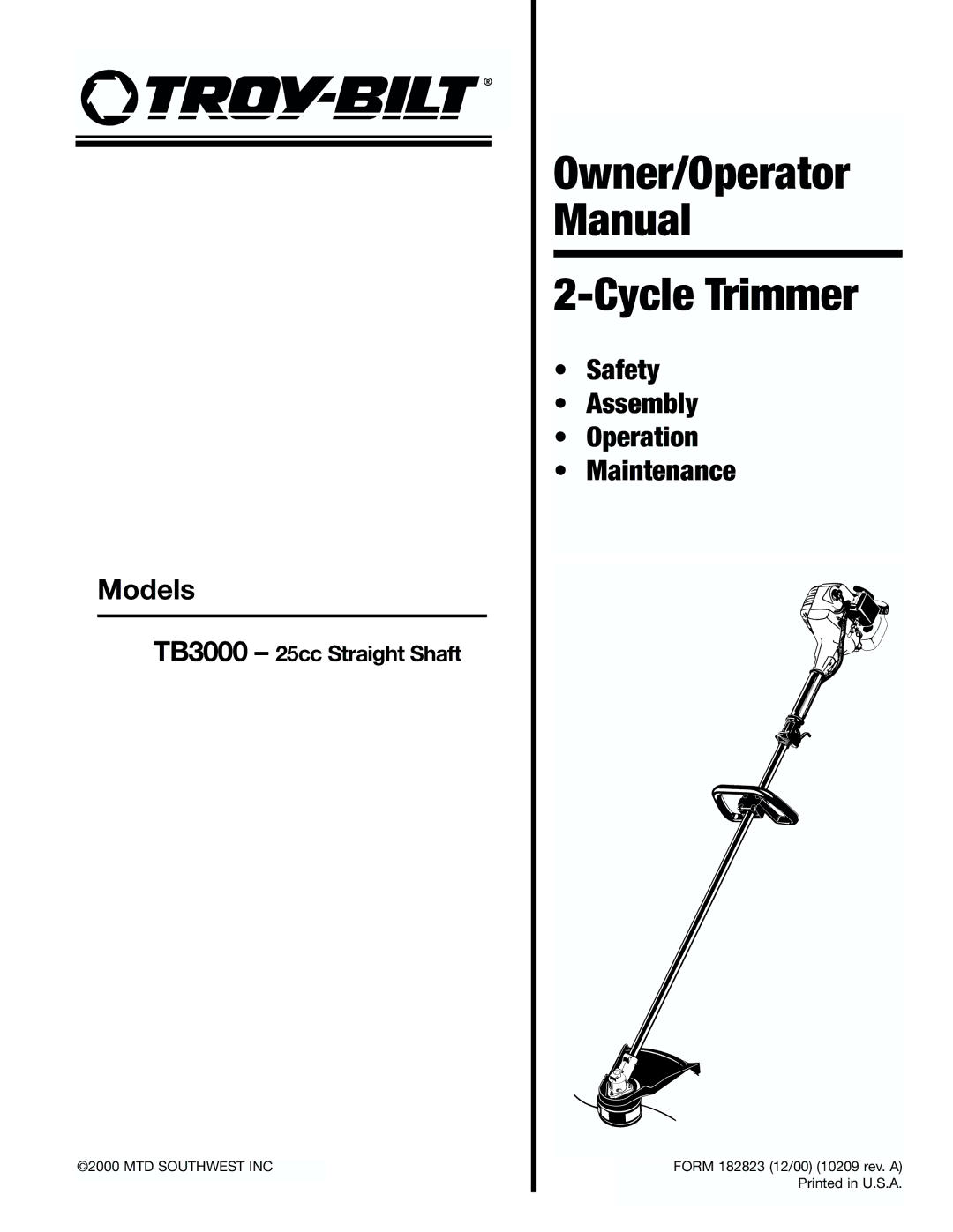 Troy-Bilt TB3000 manual Owner/Operator Manual Cycle Trimmer 