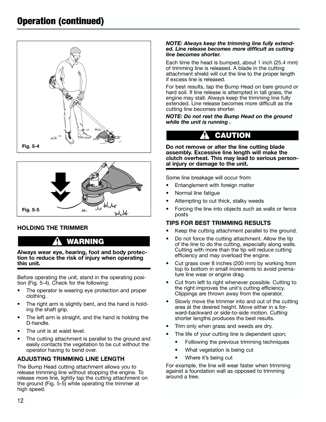 Troy-Bilt TB3000 manual Holding the Trimmer, Adjusting Trimming Line Length, Tips for Best Trimming Results 