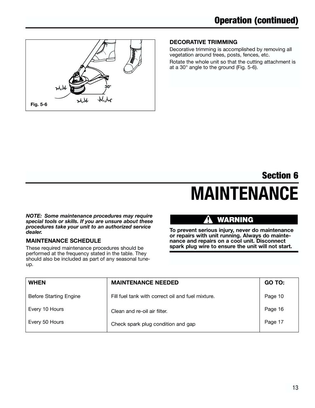 Troy-Bilt TB3000 manual Decorative Trimming, Maintenance Schedule, When Maintenance Needed GO to 