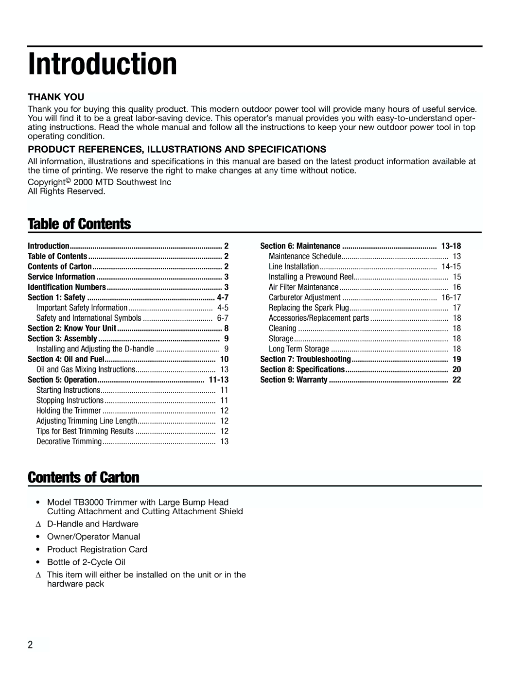 Troy-Bilt TB3000 manual Introduction, Table of Contents 