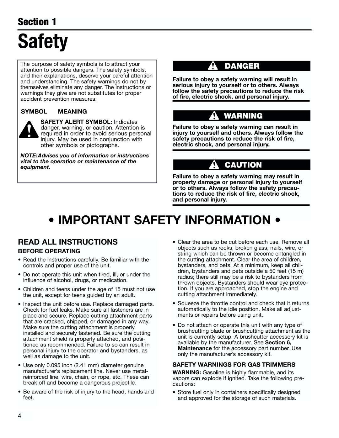 Troy-Bilt TB3000 manual Symbol Meaning, Before Operating, Safety Warnings for GAS Trimmers 