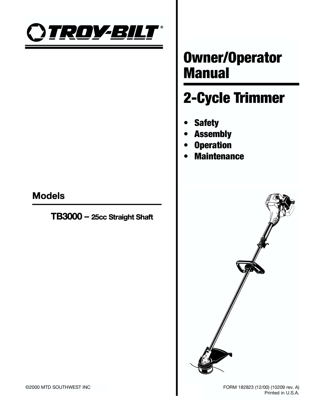 Troy-Bilt manual Safety Assembly Operation Maintenance Models, TB3000 - 25cc Straight Shaft 