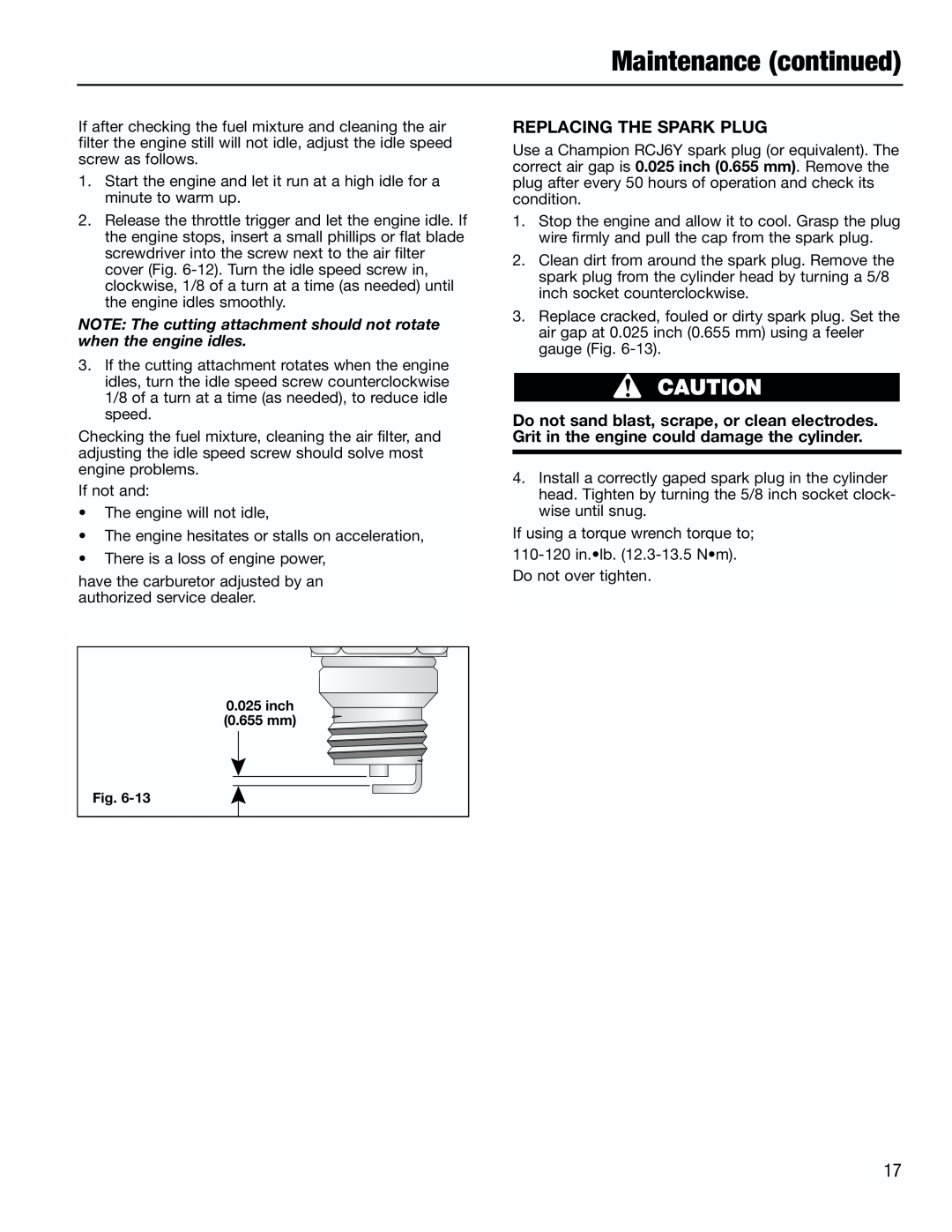 Troy-Bilt TB3000 manual Maintenance continued, Replacing The Spark Plug 