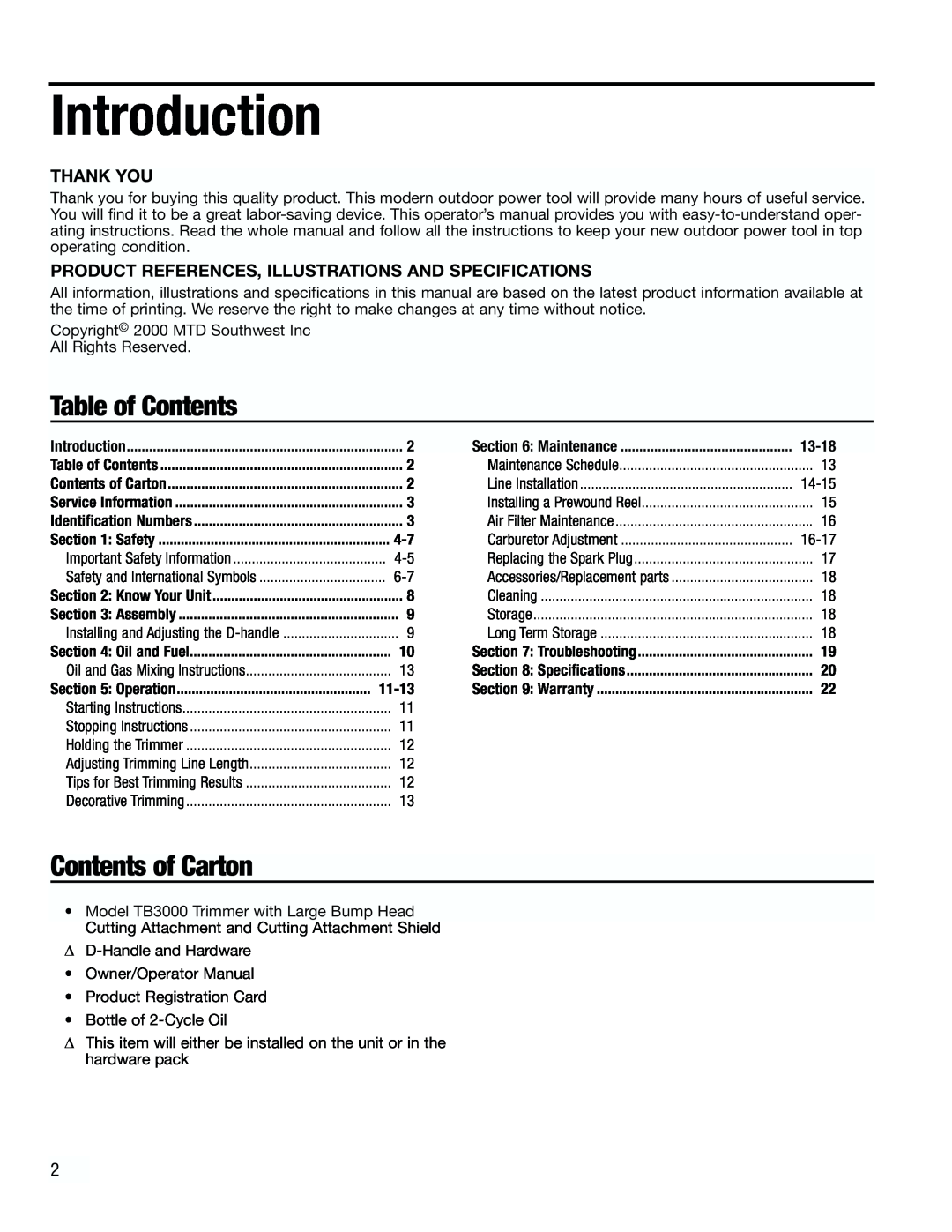Troy-Bilt TB3000 manual Introduction, Table of Contents, Contents of Carton 