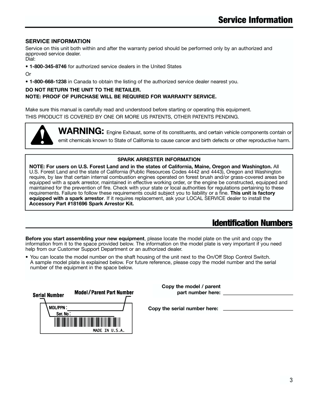 Troy-Bilt TB3000 manual Service Information, Identification Numbers, Do Not Return The Unit To The Retailer 