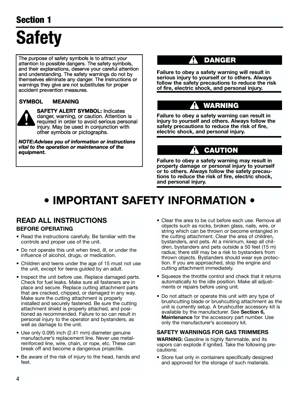 Troy-Bilt TB3000 manual Important Safety Information, Section, Read All Instructions 