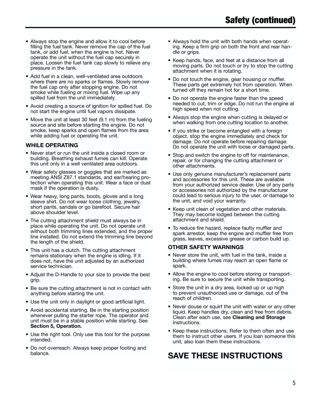 Troy-Bilt TB3000 manual Safety continued, Save These Instructions, Operation 