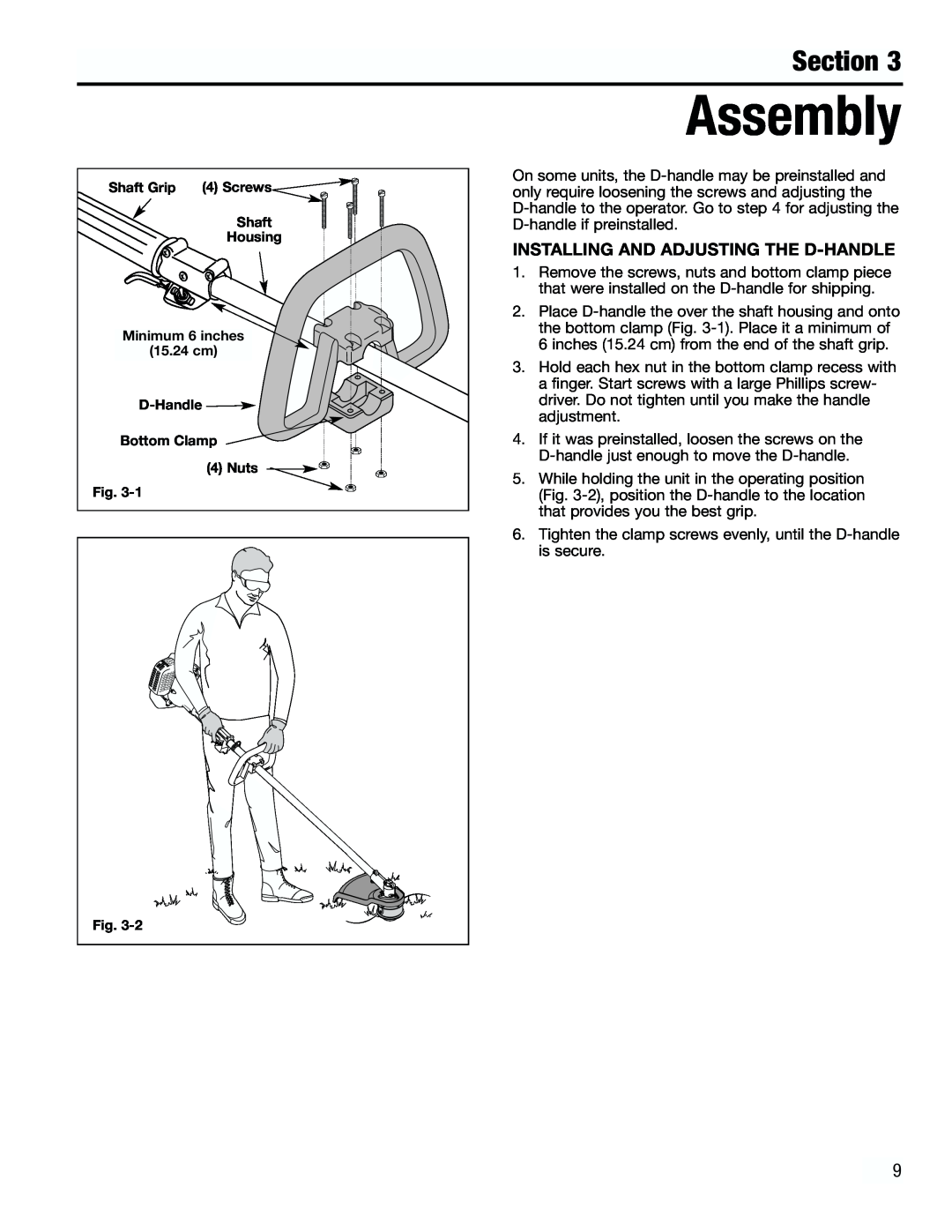Troy-Bilt TB3000 manual Assembly, Section, Installing And Adjusting The D-Handle 