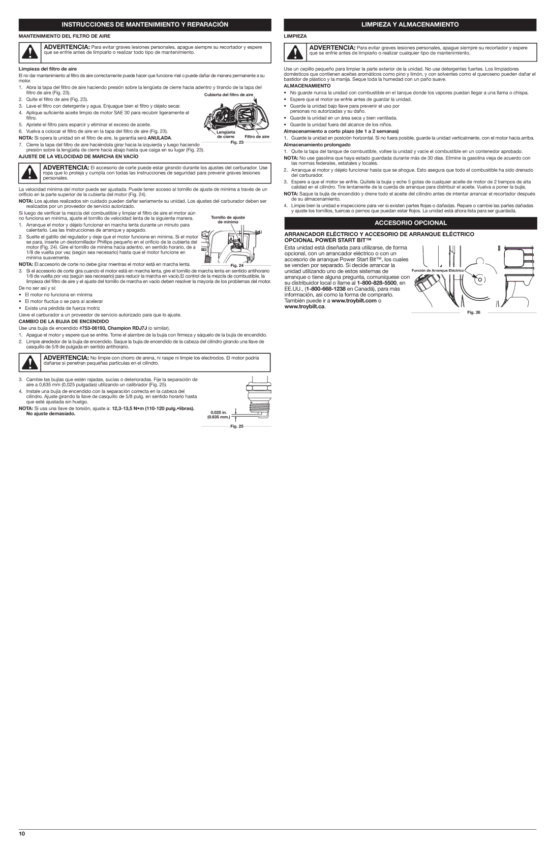 Troy-Bilt TB32 EC installation instructions Limpieza Y Almacenamiento, Accesorio Opcional 