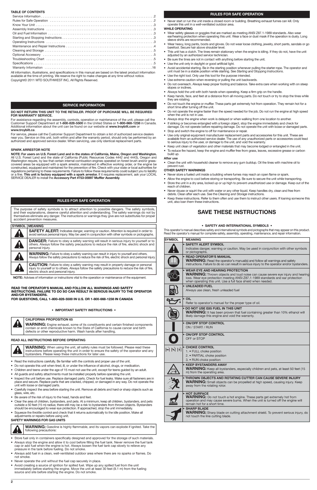 Troy-Bilt TB32 EC installation instructions Service Information, Rules for Safe Operation 