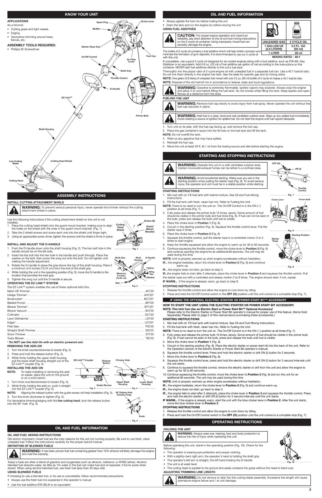 Troy-Bilt TB32 EC Know Your Unit OIL and Fuel Information, Assembly Instructions, Starting and Stopping Instructions 