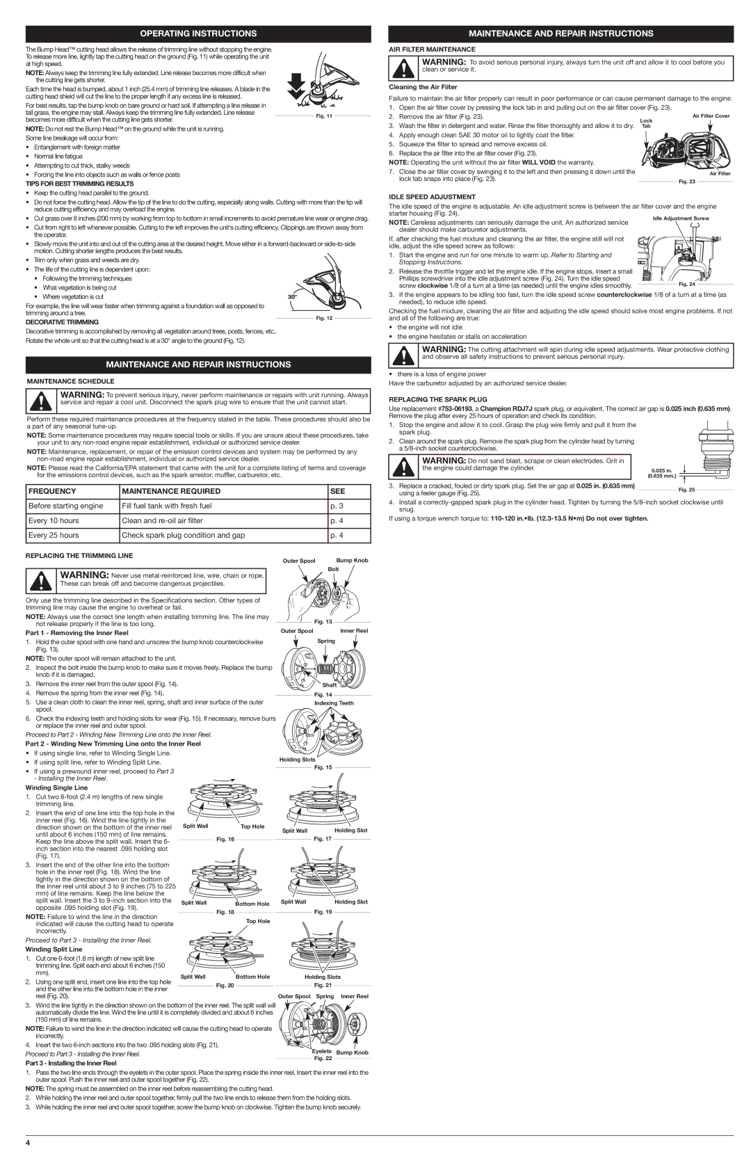 Troy-Bilt TB32 EC installation instructions Maintenance and Repair Instructions, Frequency Maintenance Required See 