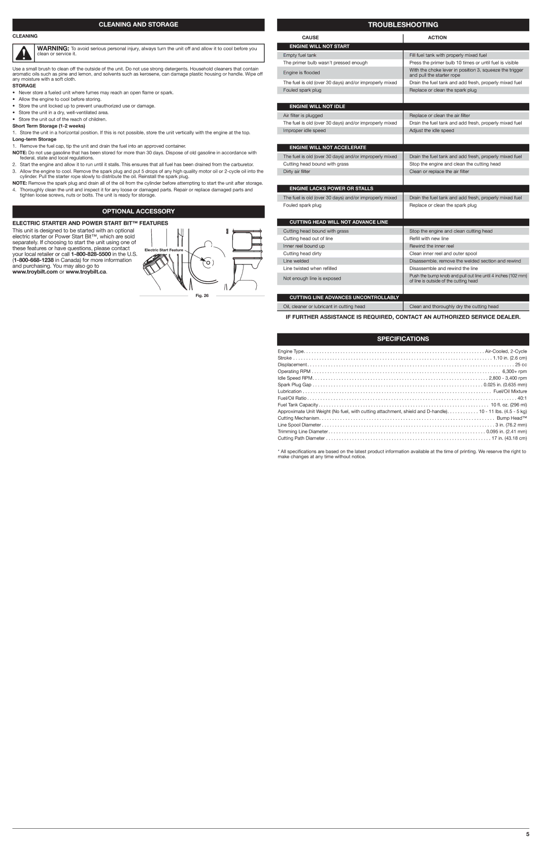 Troy-Bilt TB32 EC Cleaning and Storage, Optional Accessory, Specifications, Electric Starter and Power Start BIT Features 