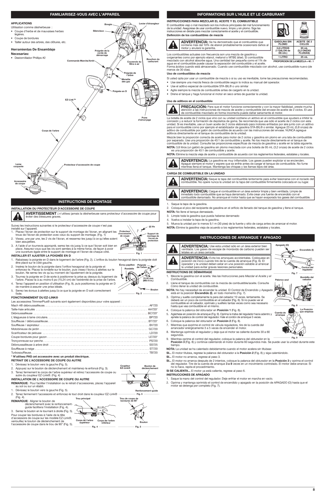 Troy-Bilt TB32 EC FAMILIARISEZ-VOUS Avec L’APPAREIL, Instructions DE Montage, Informations SUR Lhuile ET LE Carburant 