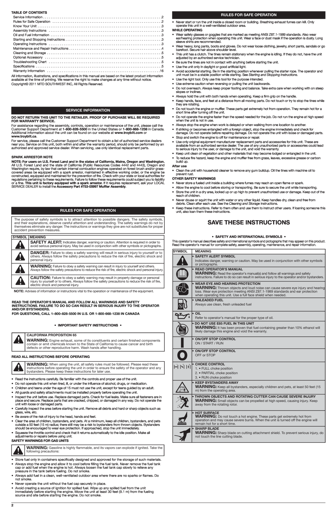 Troy-Bilt TB32 EC installation instructions Save These Instructions, Service Information, Rules For Safe Operation 