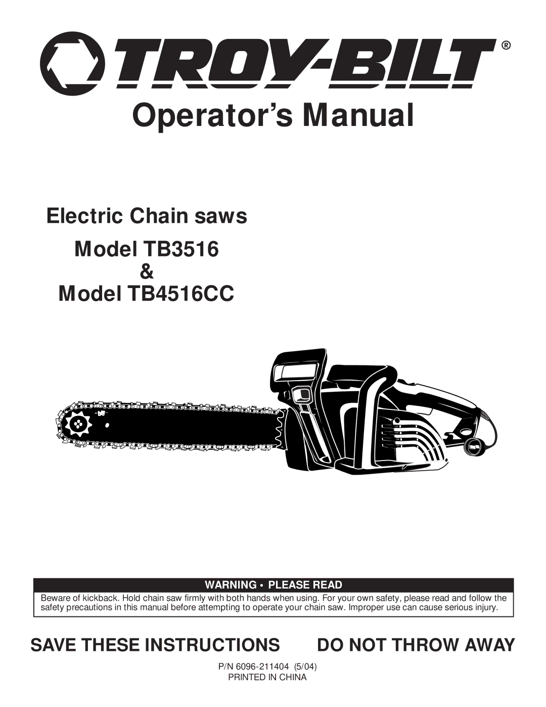 Troy-Bilt TB3516 manual Operator’s Manual, Save These Instructions do not Throw Away 