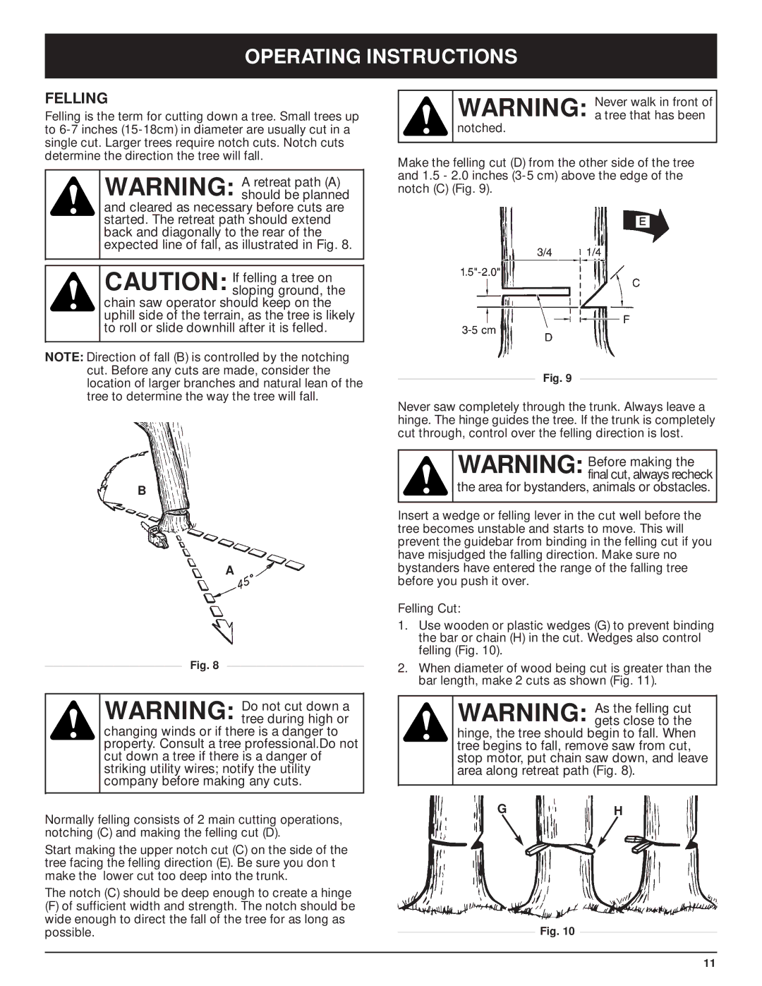 Troy-Bilt TB3516 manual Operating Instructions, Felling, Area for bystanders, animals or obstacles 