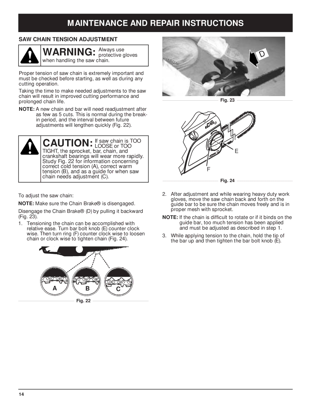 Troy-Bilt TB3516 manual SAW Chain Tension Adjustment 