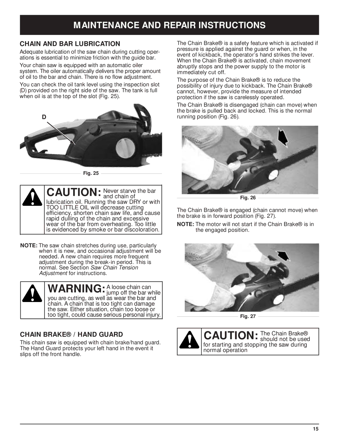 Troy-Bilt TB3516 manual Chain and BAR Lubrication, Chain Brake / Hand Guard 