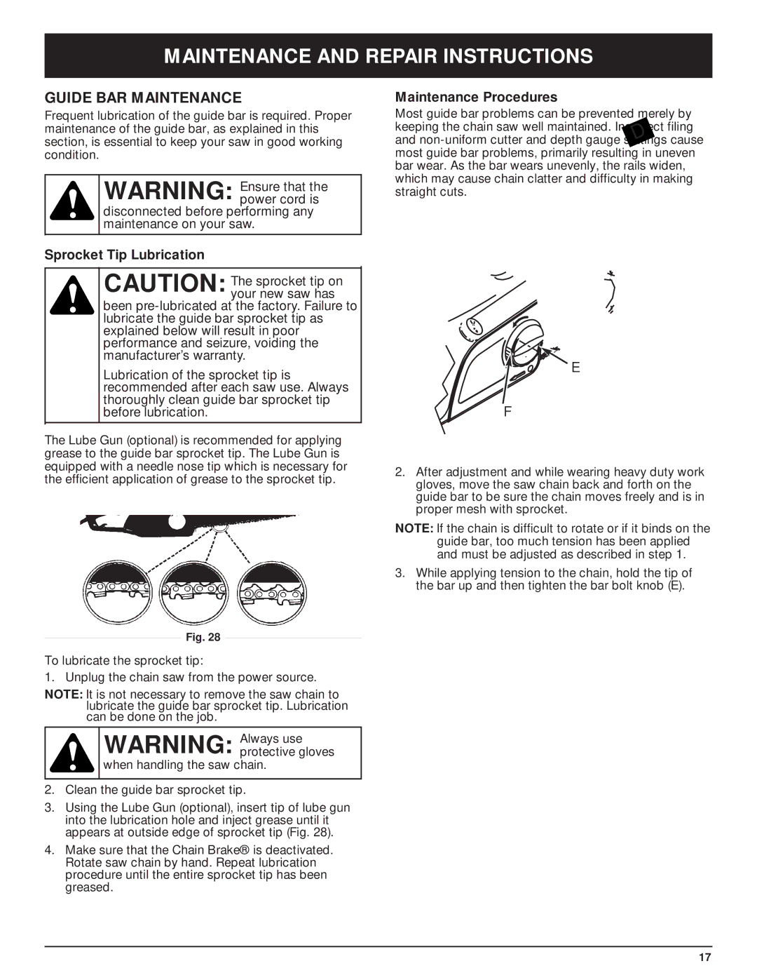 Troy-Bilt TB3516 manual Guide BAR Maintenance, Sprocket Tip Lubrication, Maintenance Procedures 