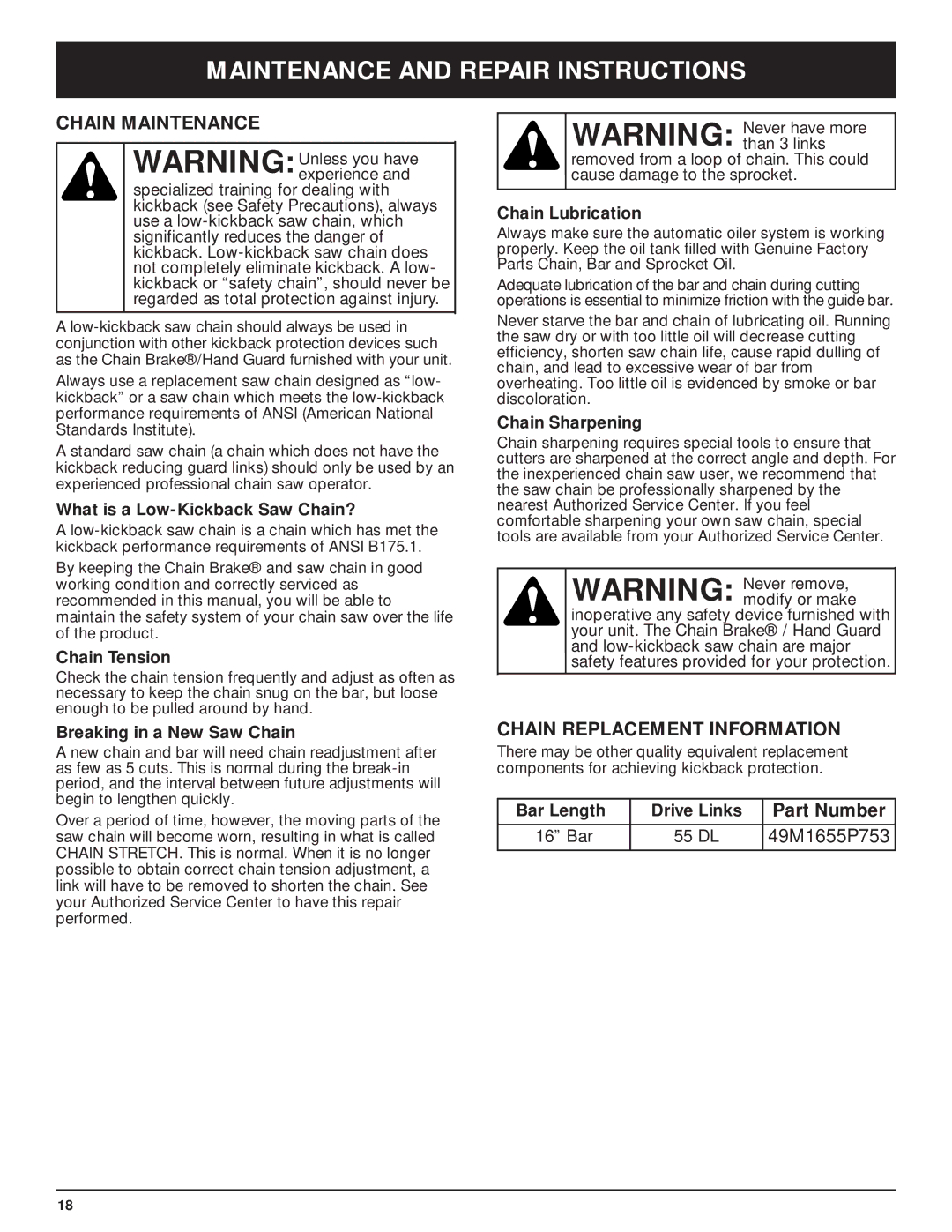 Troy-Bilt TB3516 manual Chain Maintenance, Chain Replacement Information 