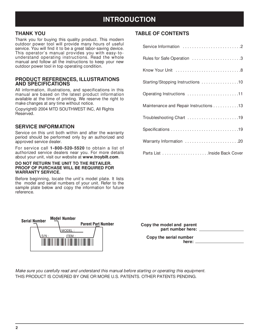 Troy-Bilt TB3516 manual Introduction, Thank YOU, Product REFERENCES, Illustrations and Specifications, Service Information 