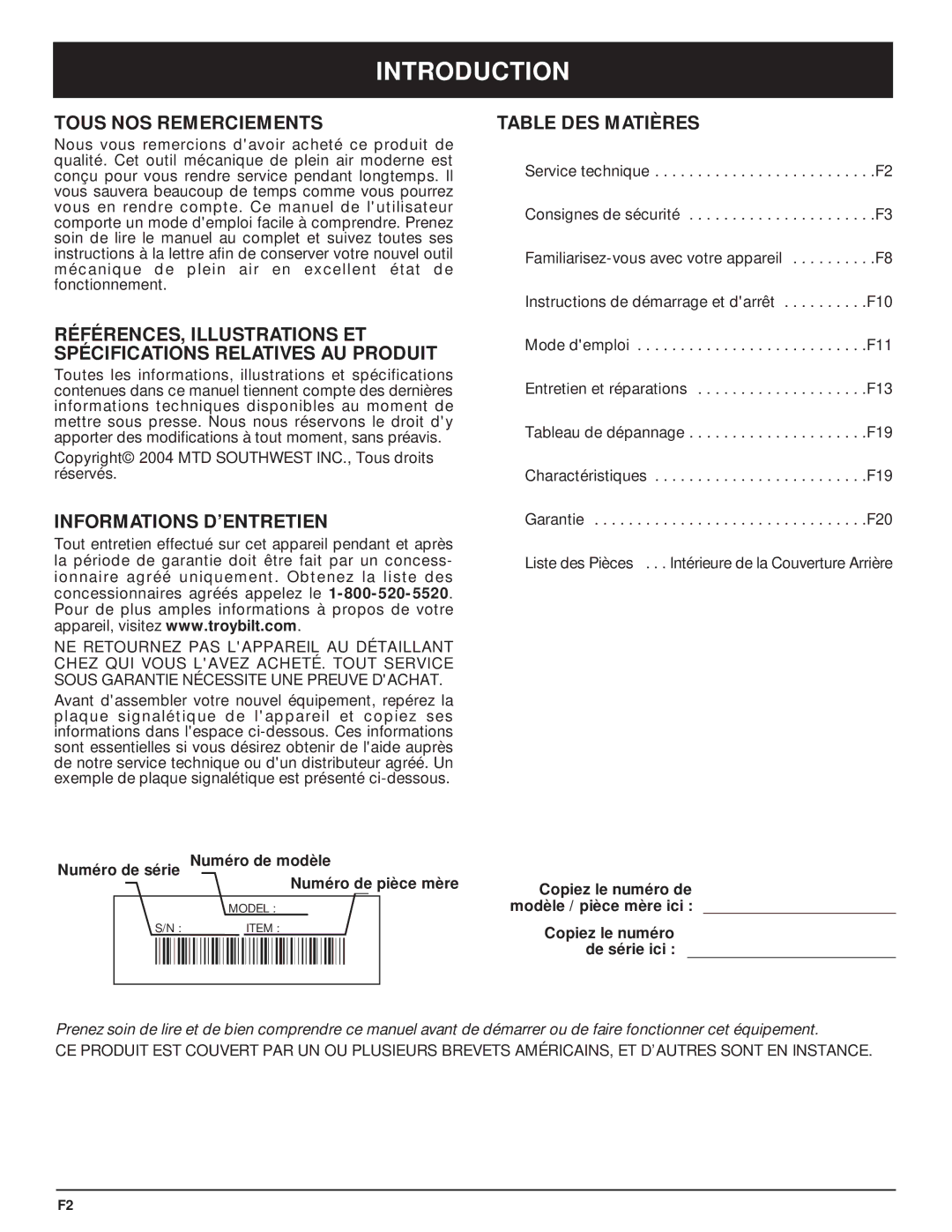 Troy-Bilt TB3516 manual Tous NOS Remerciements, Informations D’ENTRETIEN, Table DES Matières 