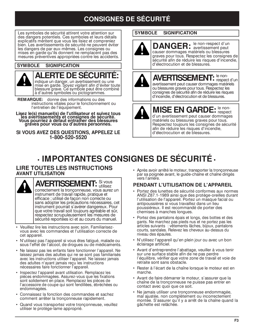 Troy-Bilt TB3516 manual Alerte DE Sécurité, Avertissement le non, Mise EN Garde le non, Importantes Consignes DE Sécurité 