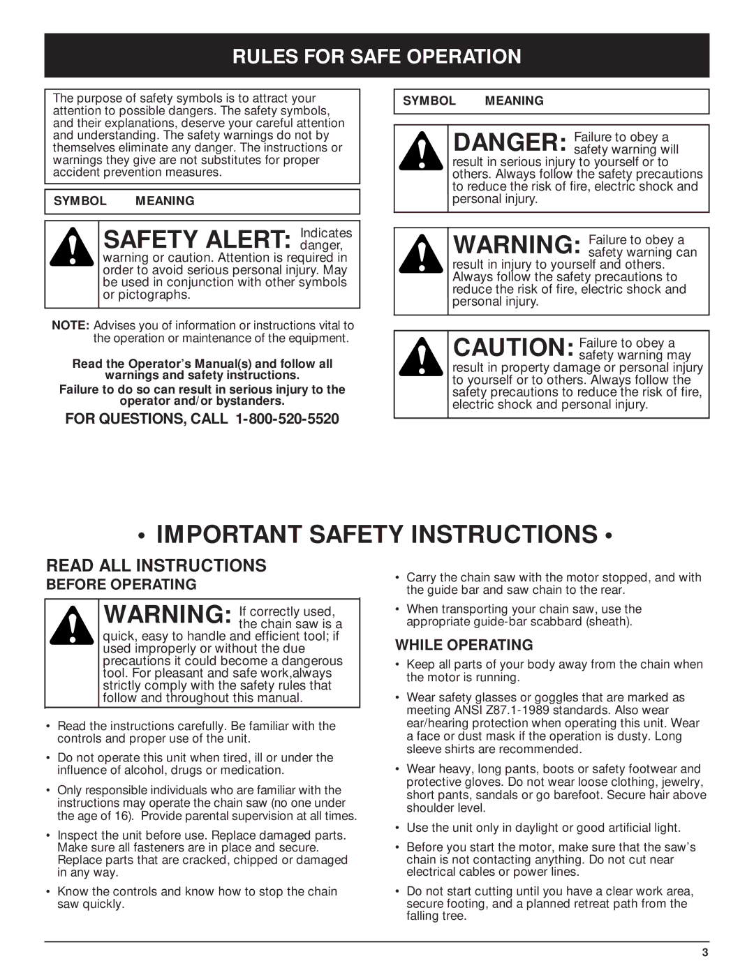 Troy-Bilt TB3516 manual Important Safety Instructions, Rules for Safe Operation, Before Operating, While Operating 