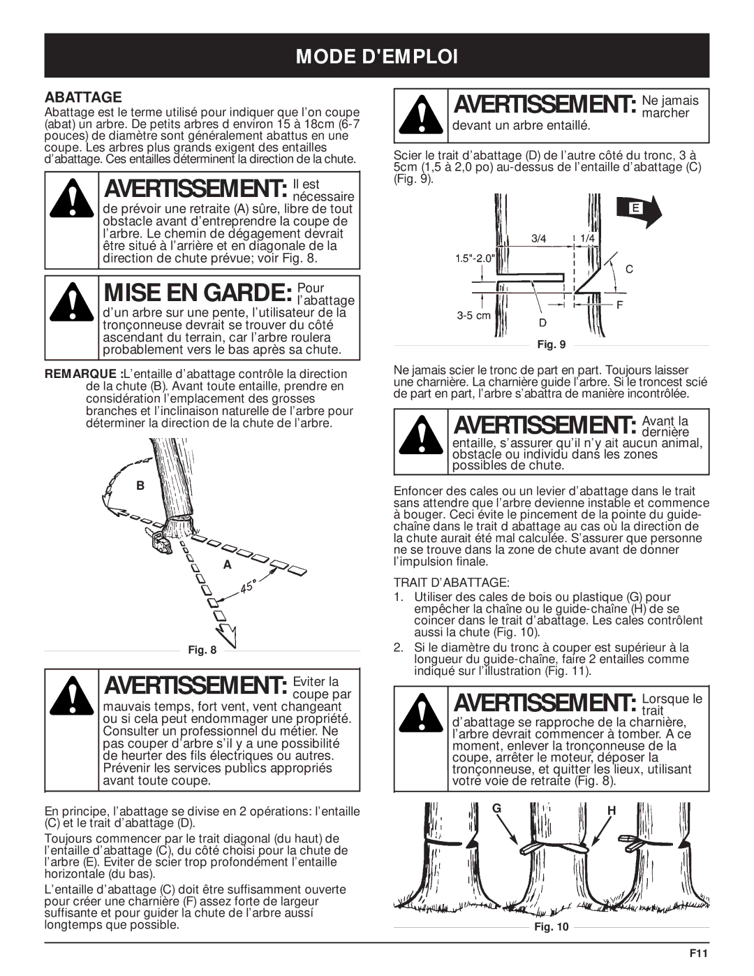 Troy-Bilt TB3516 manual Avertissement Eviter la, Avertissement Avant la, Mode Demploi, Abattage 