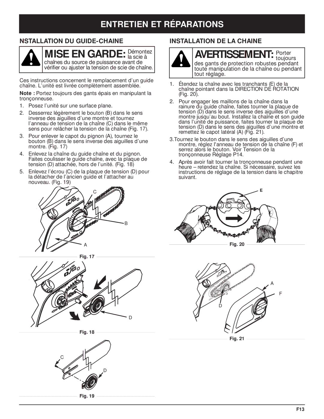 Troy-Bilt TB3516 Mise EN Garde Démontez, Entretien ET Réparations, Nstallation DU GUIDE-CHAINE, Installation DE LA Chaine 