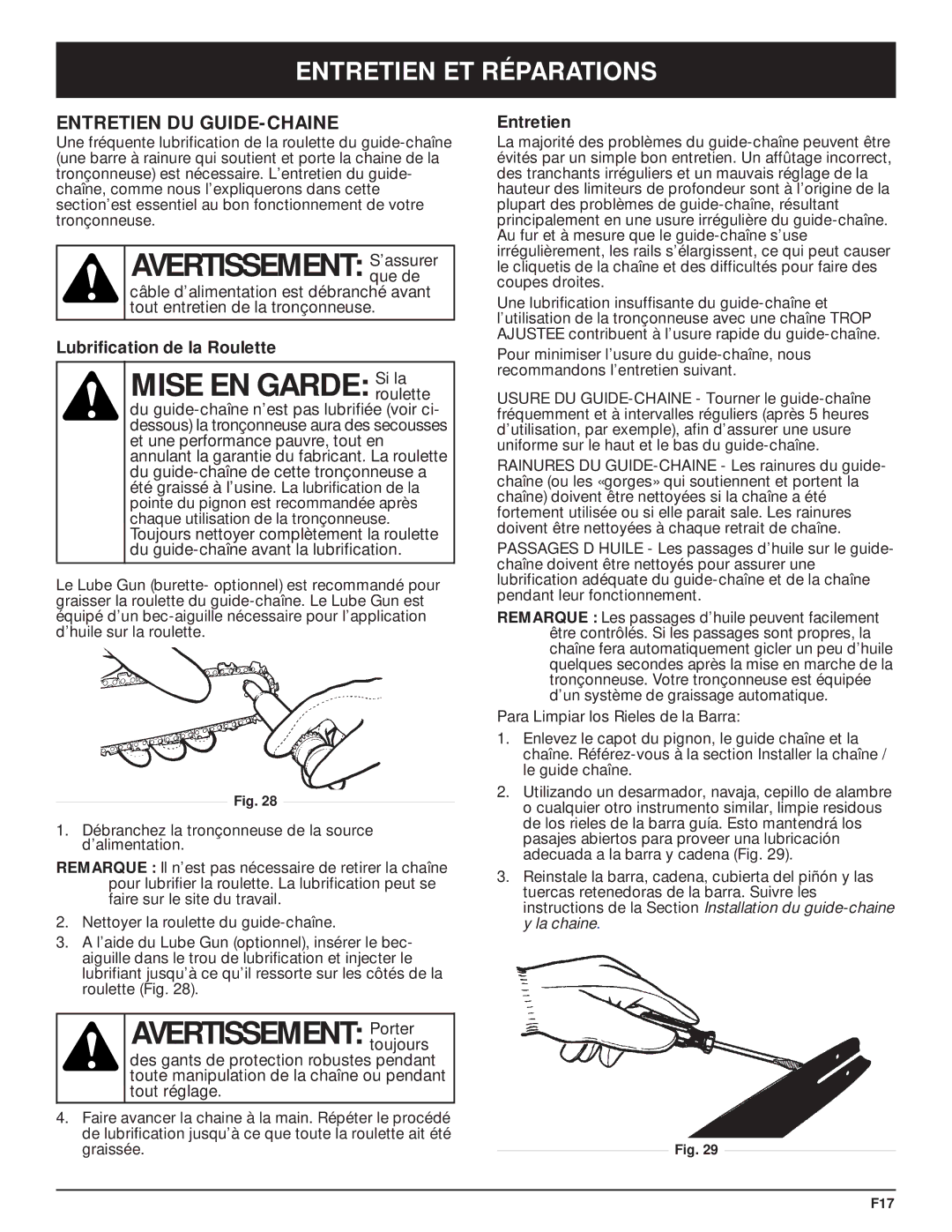 Troy-Bilt TB3516 manual Entretien DU GUIDE-CHAINE, Lubrification de la Roulette, Si la roulette 