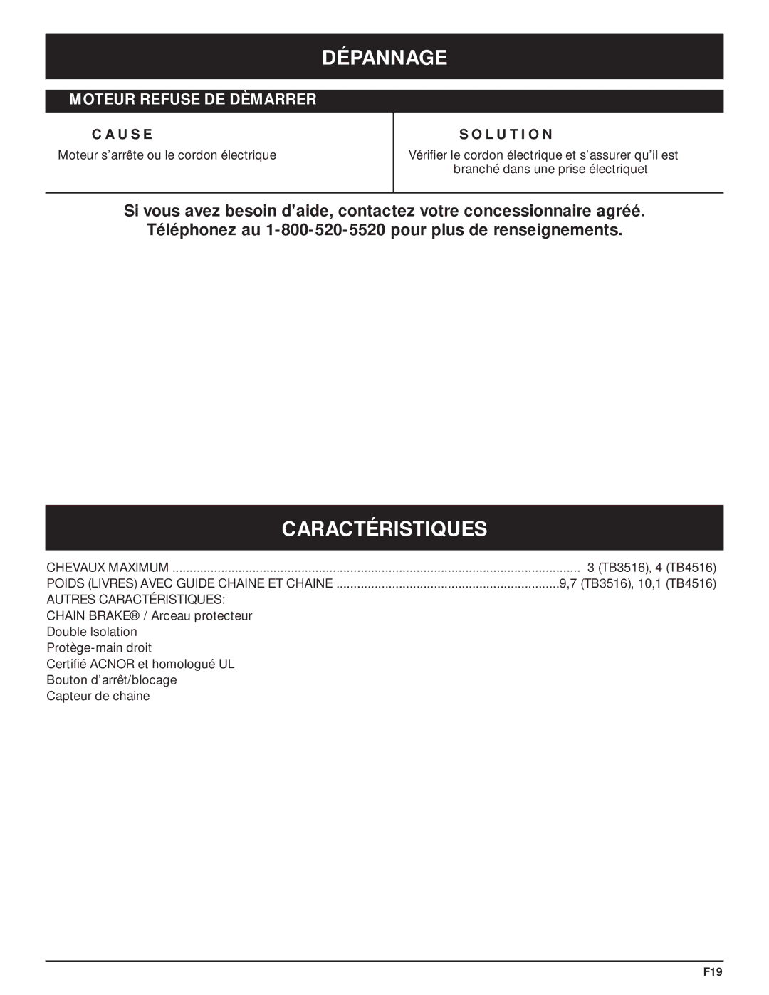 Troy-Bilt TB3516 manual Dépannage, Caractéristiques, L U T I O N 