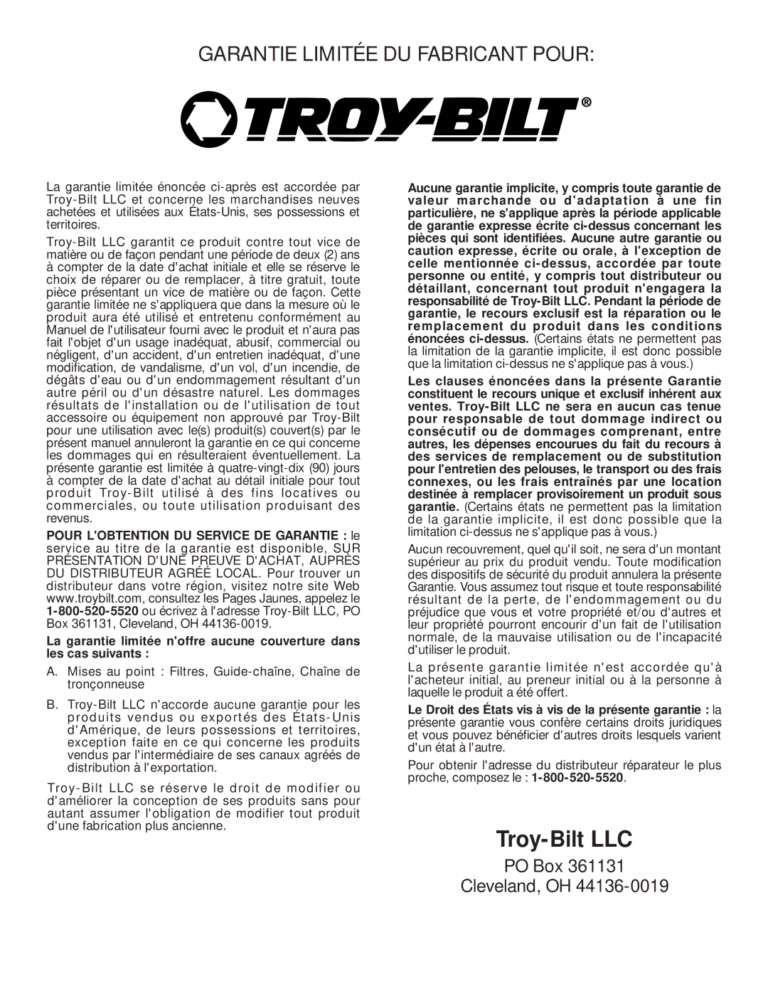 Troy-Bilt TB3516 manual Garantie Limitée DU Fabricant Pour 