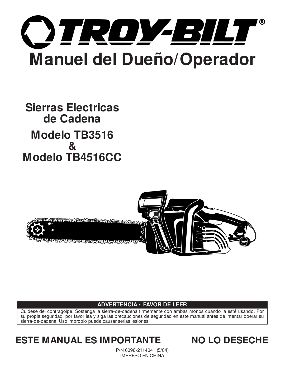 Troy-Bilt TB3516 manual Manuel del Dueño/Operador, Este Manual ES Importante 