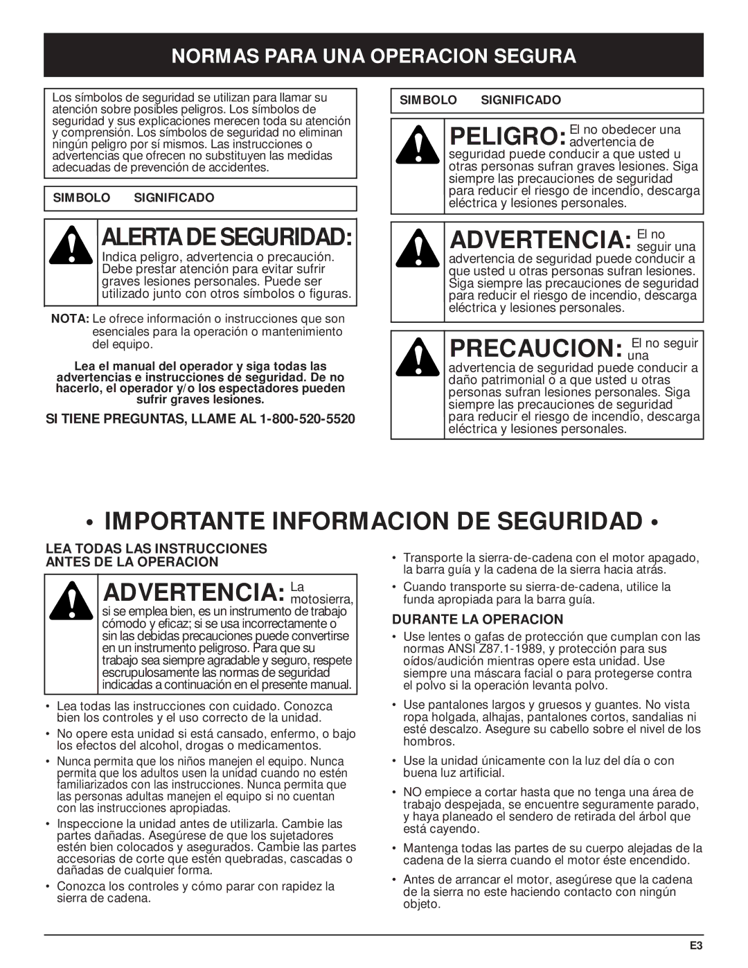 Troy-Bilt TB3516 manual Importante Informacion DE Seguridad, Normas Para UNA Operacion Segura, SI Tiene PREGUNTAS, Llame AL 