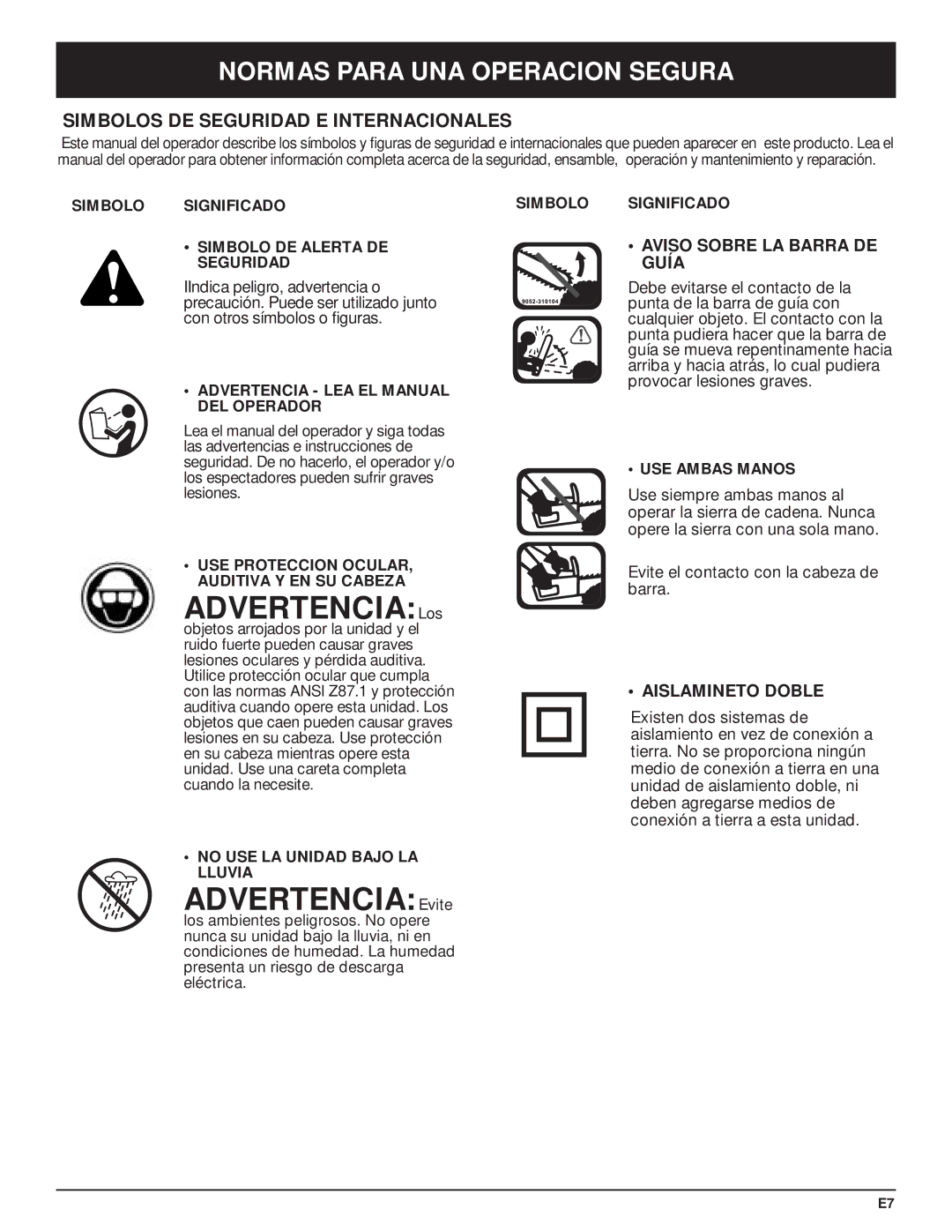 Troy-Bilt TB3516 manual Advertencia Los, Advertencia Evite, Simbolos DE Seguridad E Internacionales 