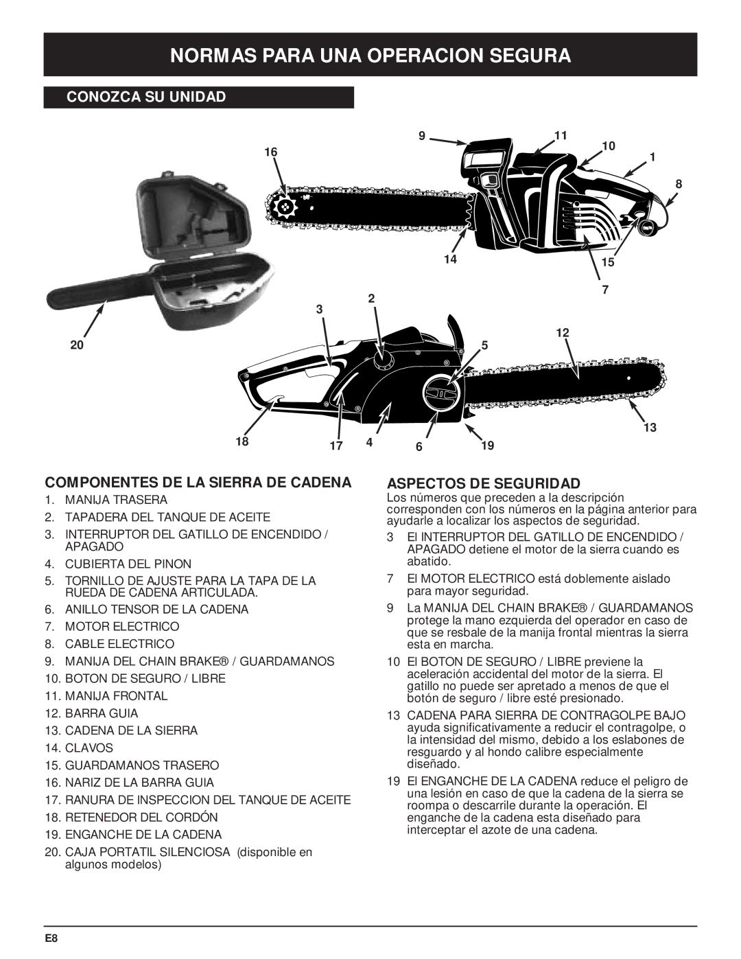 Troy-Bilt TB3516 manual Componentes DE LA Sierra DE Cadena, Aspectos DE Seguridad 