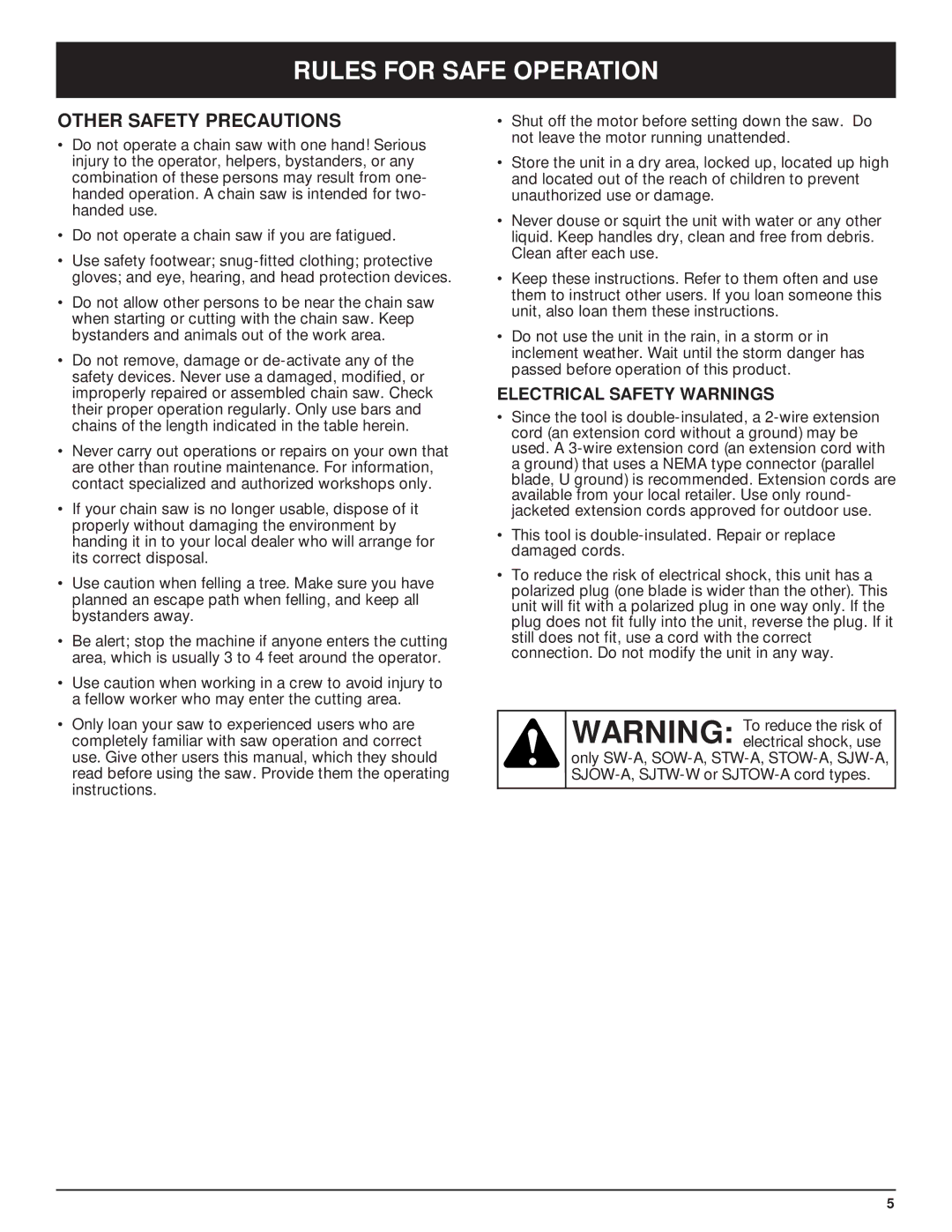 Troy-Bilt TB3516 manual Other Safety Precautions, Electrical Safety Warnings 