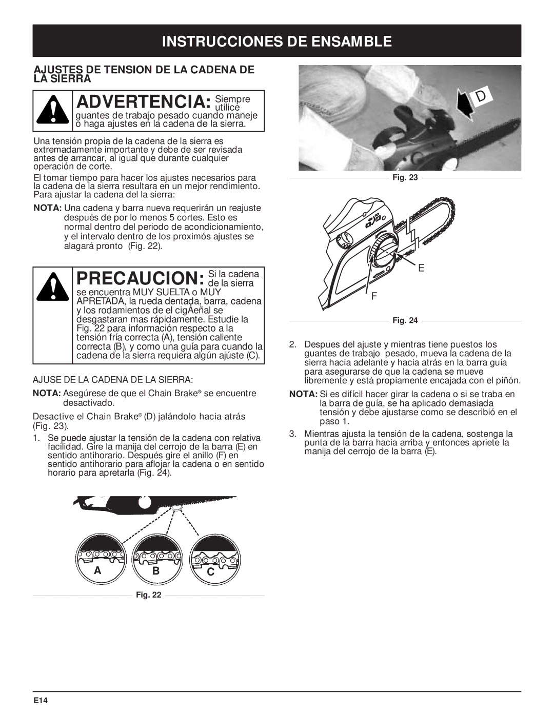 Troy-Bilt TB3516 manual Instrucciones DE Ensamble, Ajustes DE Tension DE LA Cadena DE LA Sierra 