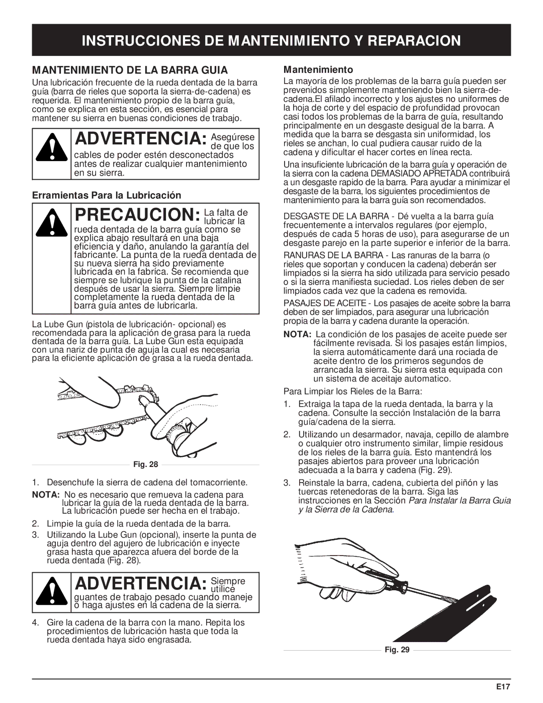 Troy-Bilt TB3516 manual Mantenimiento DE LA Barra Guia, Erramientas Para la Lubricación 