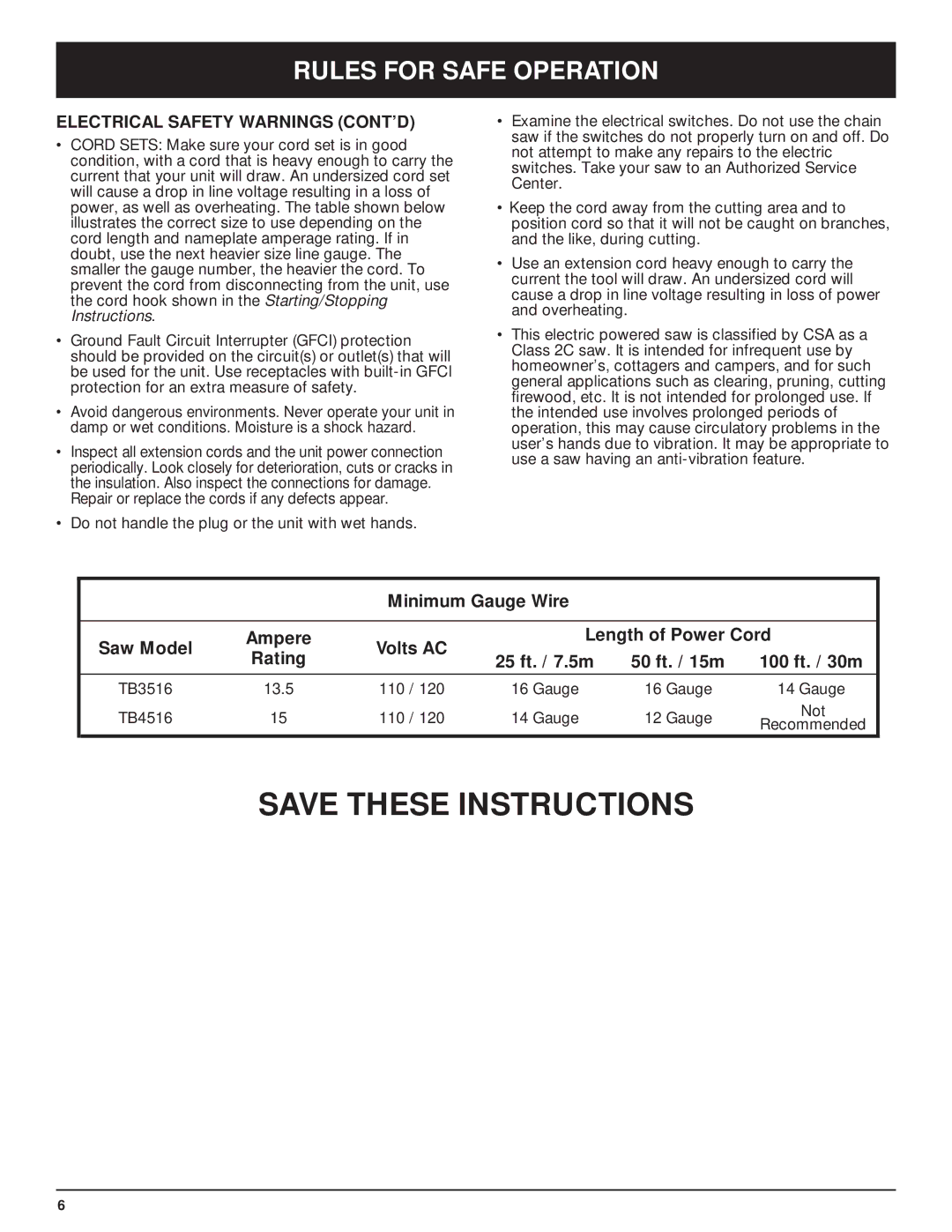 Troy-Bilt TB3516 manual Electrical Safety Warnings CONT’D 